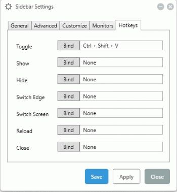 Меню настоек горячих клавиш Sidebar Diagnostics
